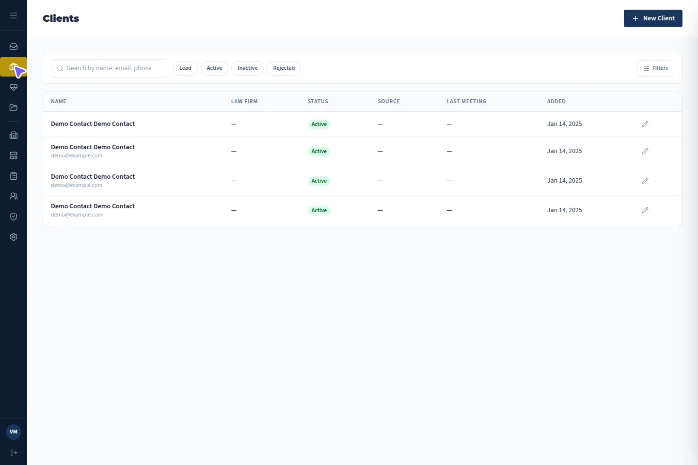 Actual VMx Clients directory with anonymized demonstration contact details