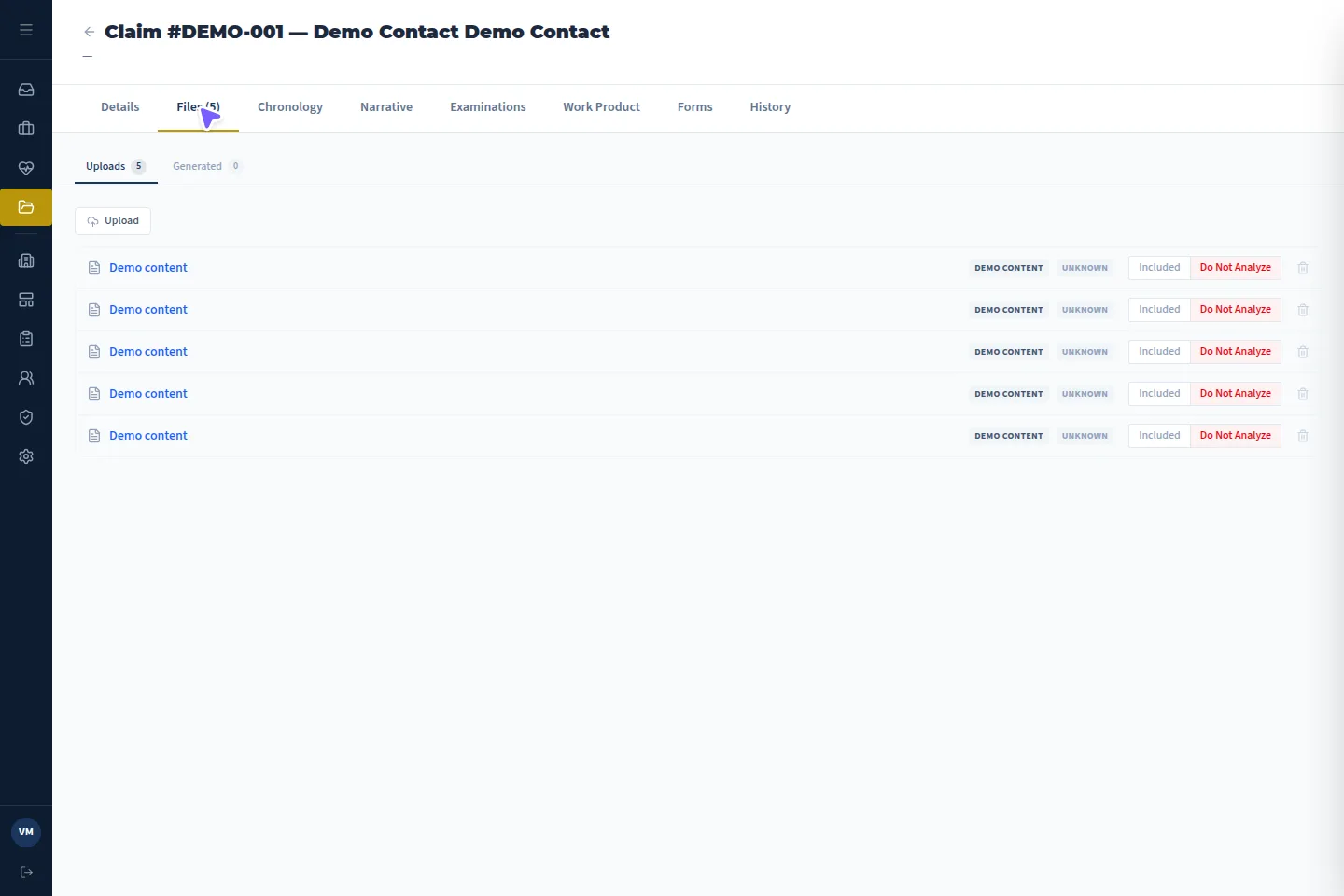 VMx case Files tab with uploaded and generated files