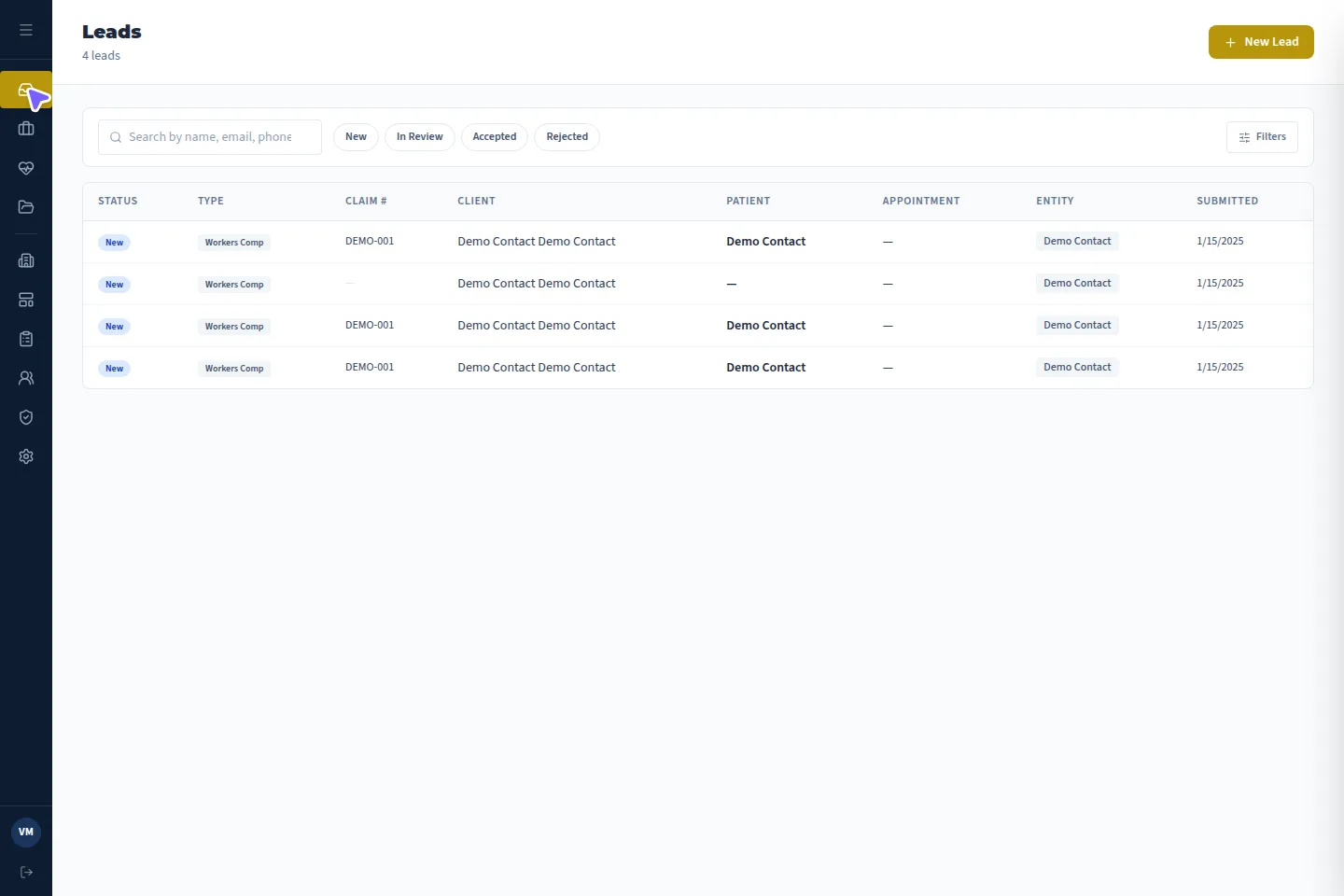 VMx leads list showing incoming consultation requests and their review status