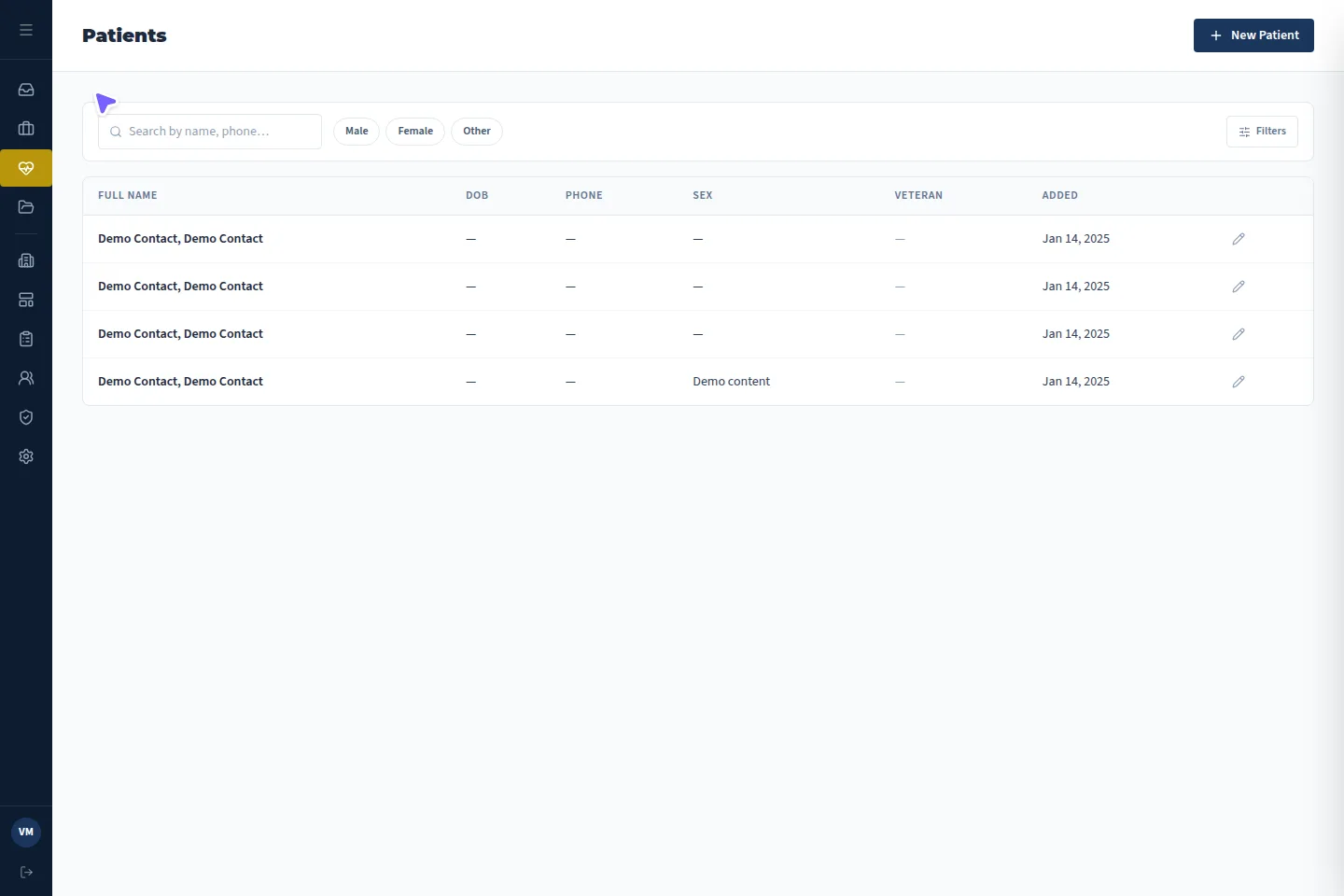 Actual VMx Patients directory with anonymized demonstration records