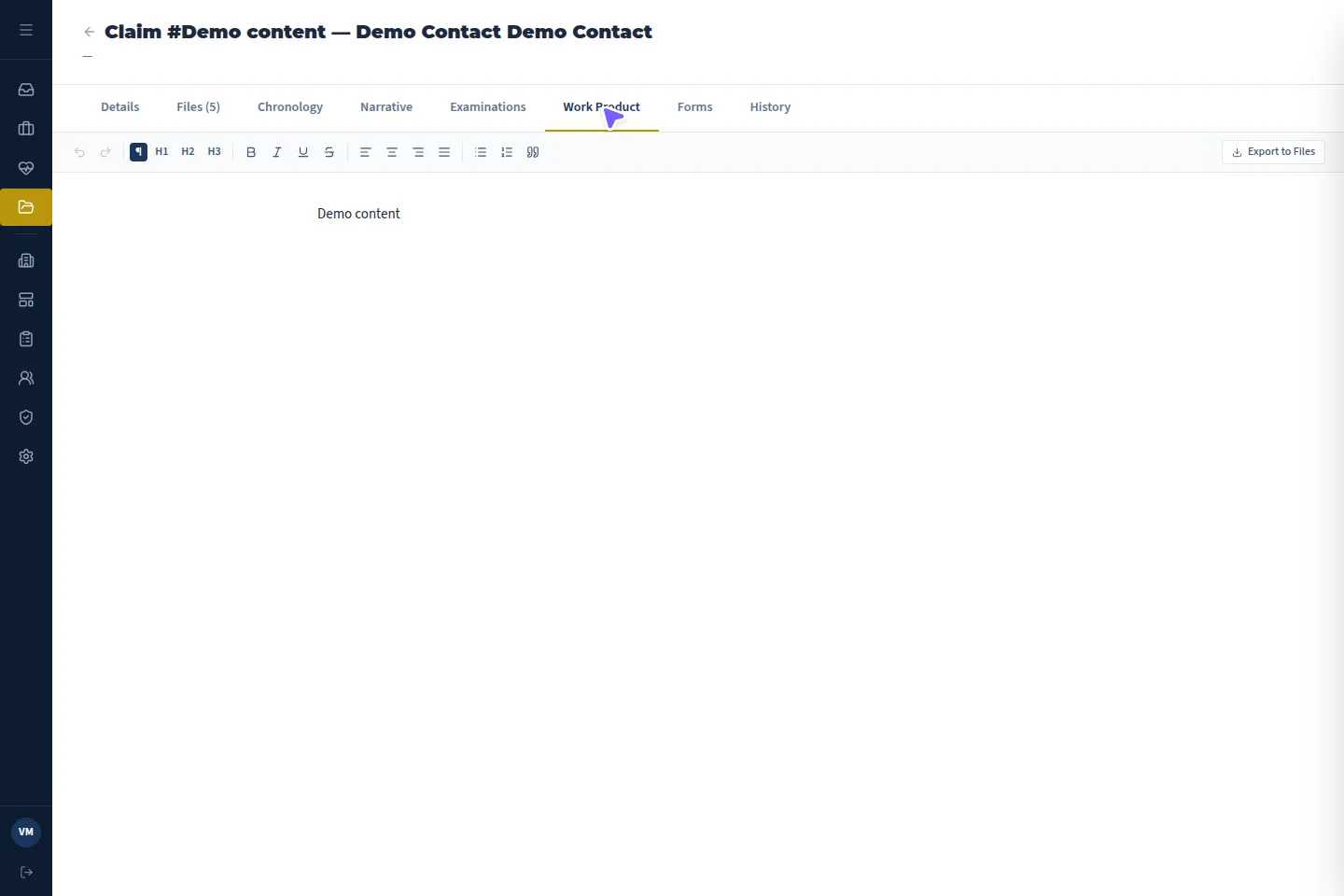 VMx case Work Product tab with the editable report and PDF export