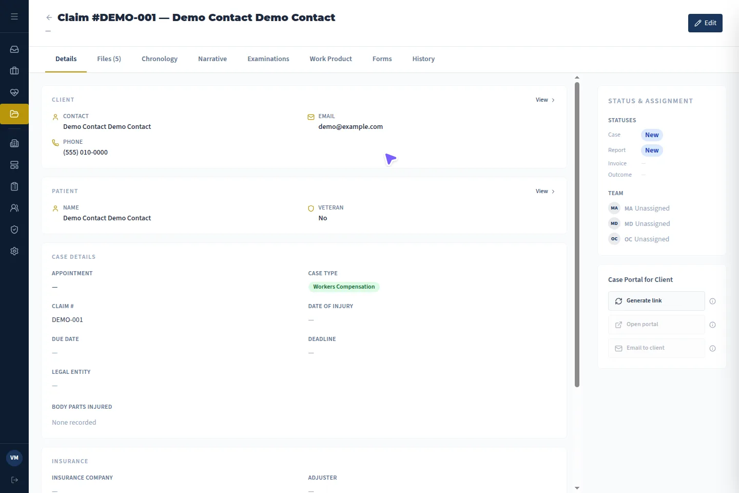 VMx case detail workspace with linked patient, client, status and tabs